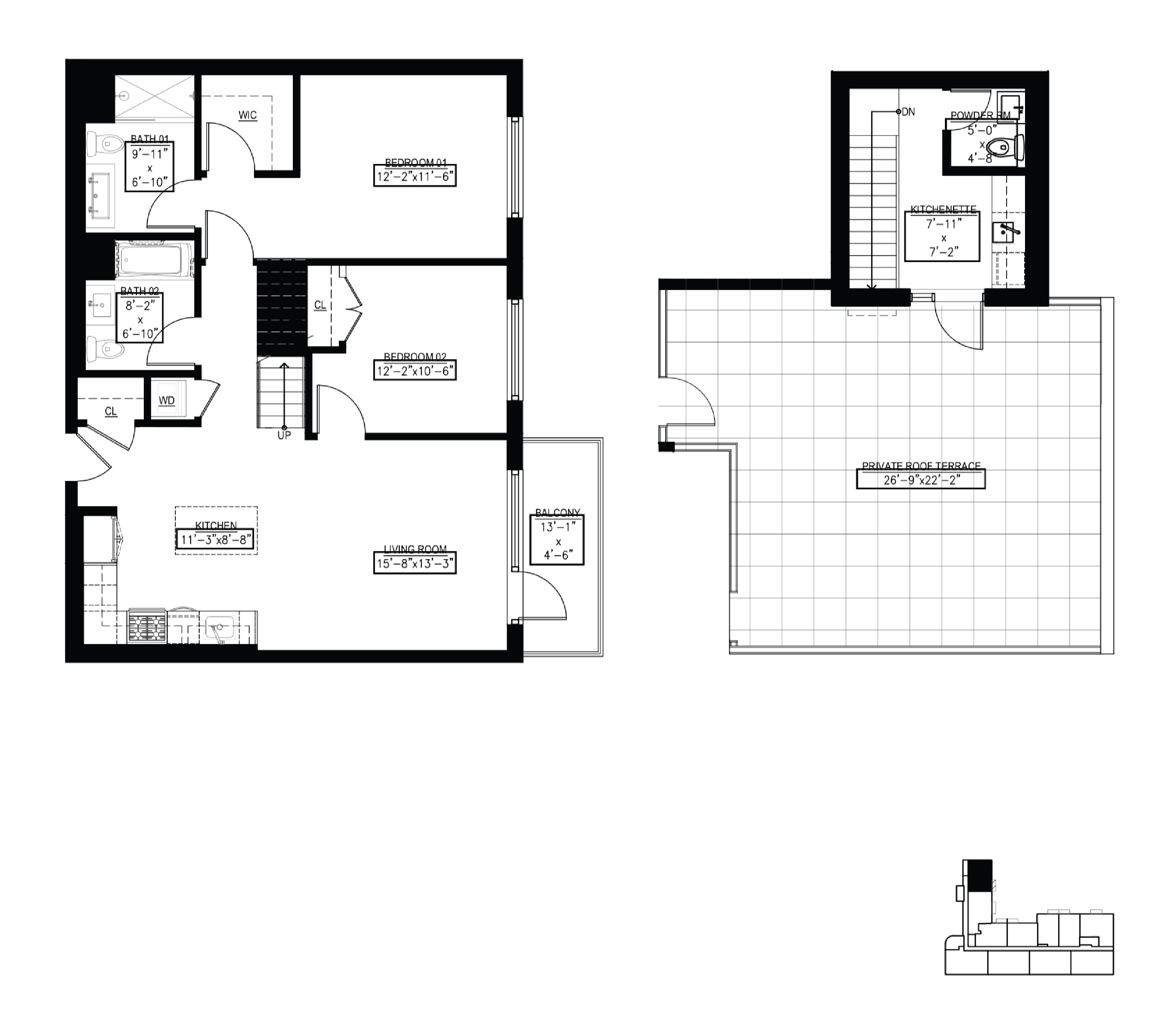 Floor plan for 2 beds, 2.5 baths, 1252 sqft